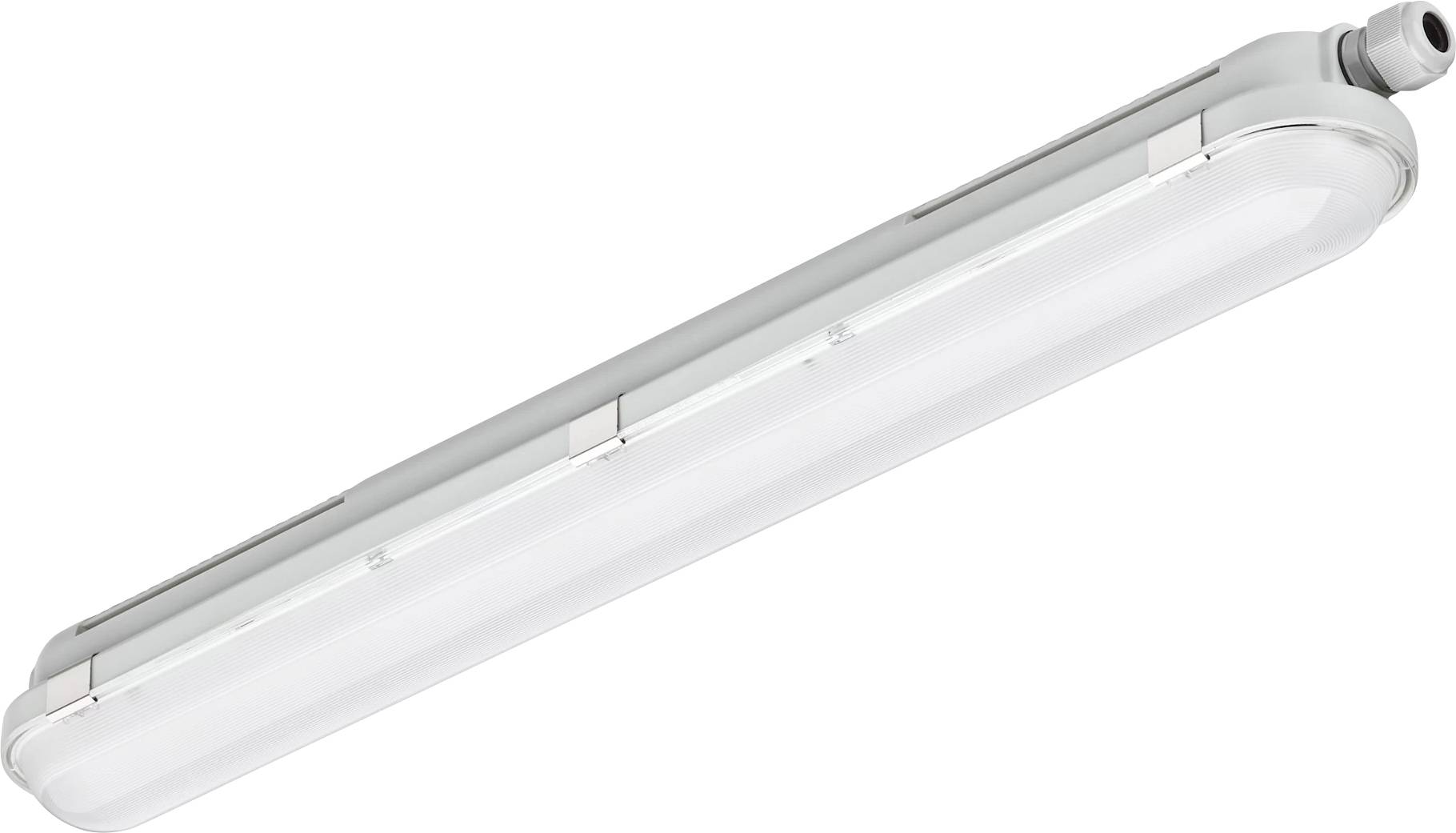 Luminaire tubulaire fluorescent allongé avec diffuseur blanc et boîtier gris, présenté isolé sur fond blanc.