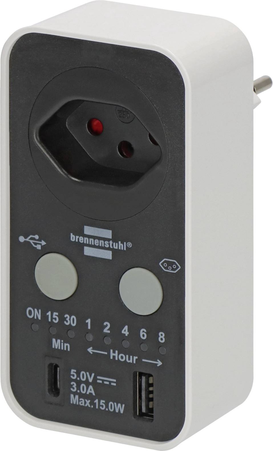 Adaptateur minuterie enfichable blanc Brennenstuhl avec deux boutons, réglages de l'heure et ports USB pour planifier l'alimentation et recharger les appareils.