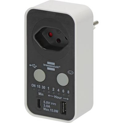 Adaptateur minuterie enfichable blanc Brennenstuhl avec deux boutons, réglages de l'heure et ports USB pour planifier l'alimentation et recharger les appareils.