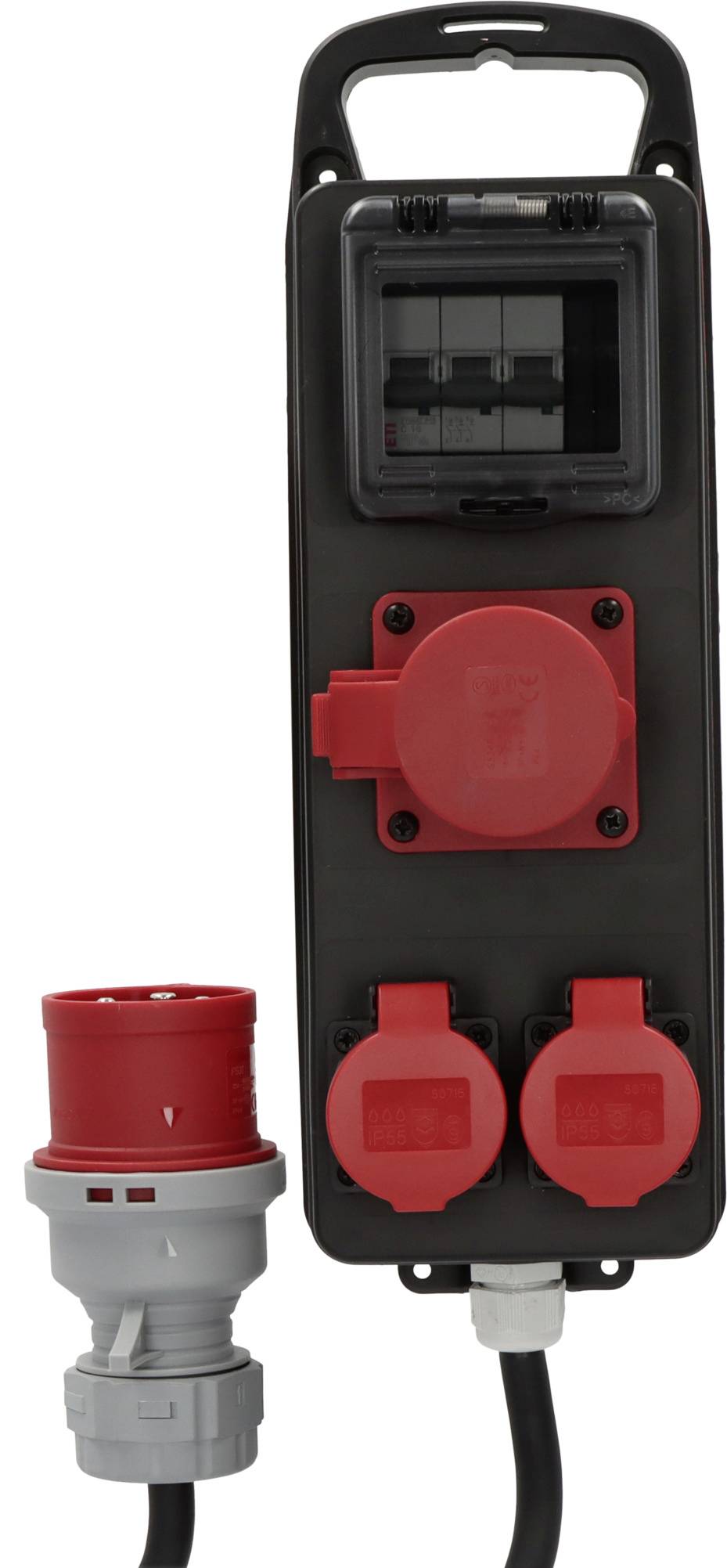 Boîte de distribution d'énergie portable avec trois prises de style IEC rouges et un câble attaché, présenté à côté d'un connecteur de prise rouge et gris assorti.