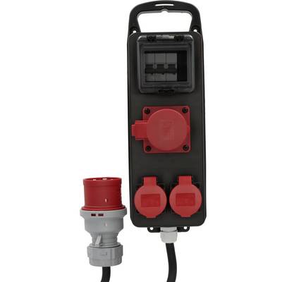 Boîte de distribution d'énergie portable avec trois prises de style IEC rouges et un câble attaché, présenté à côté d'un connecteur de prise rouge et gris assorti.