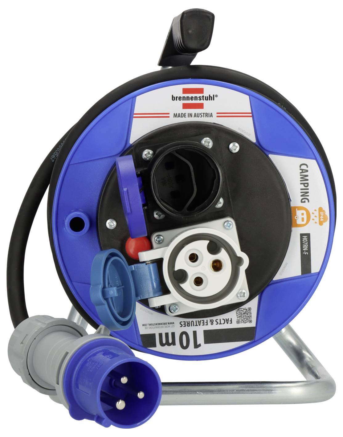 Enrouleur de câble de camping portable avec boîtier bleu et gris, plusieurs prises de courant et une fiche bleue attachée au cordon.