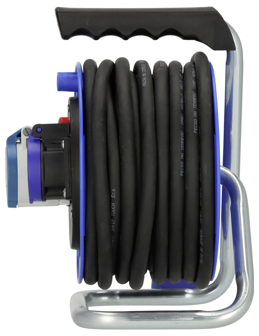 Enrouleur de tuyau portable avec un tuyau enroulé noir sur un cadre en métal bleu et argent et poignée de transport.