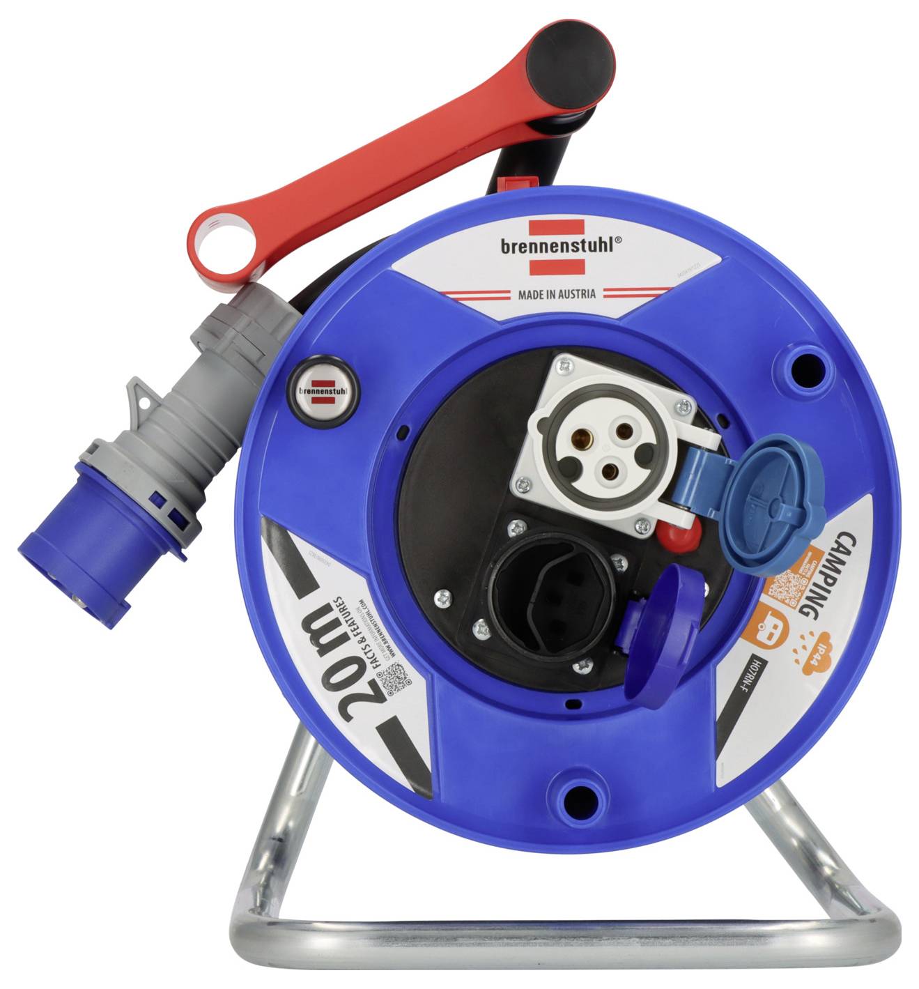 Enrouleur de câble bleu portable avec poignée de transport rouge et prises de courant industrielles sur un support métallique