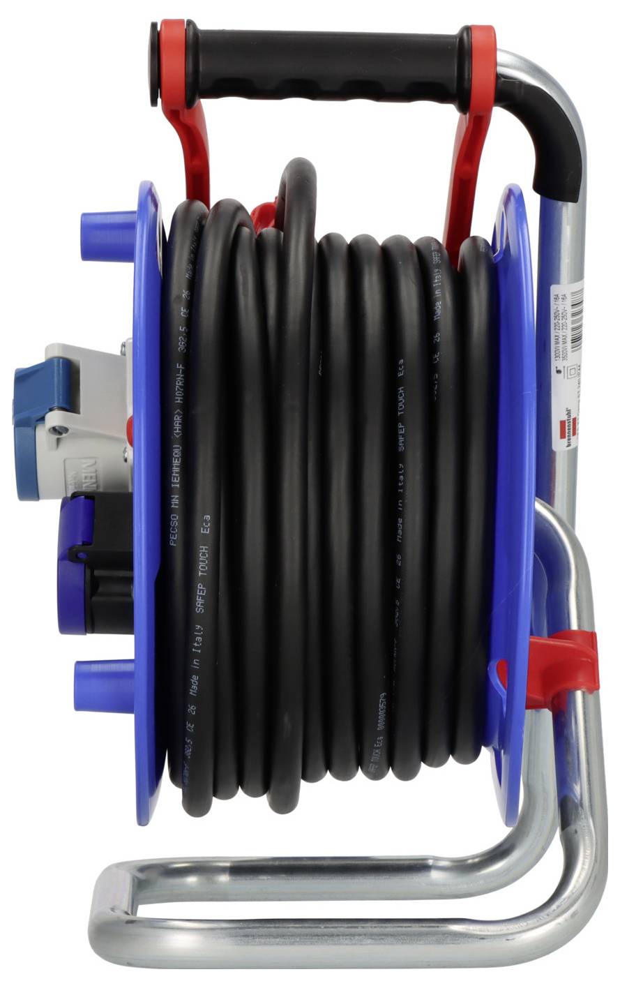 Un enrouleur de tuyau portable avec un tuyau noir enroulé sur un cadre métallique bleu et une poignée rouge, présenté sur un fond blanc.