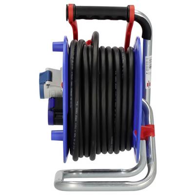Un enrouleur de tuyau portable avec un tuyau noir enroulé sur un cadre métallique bleu et une poignée rouge, présenté sur un fond blanc.