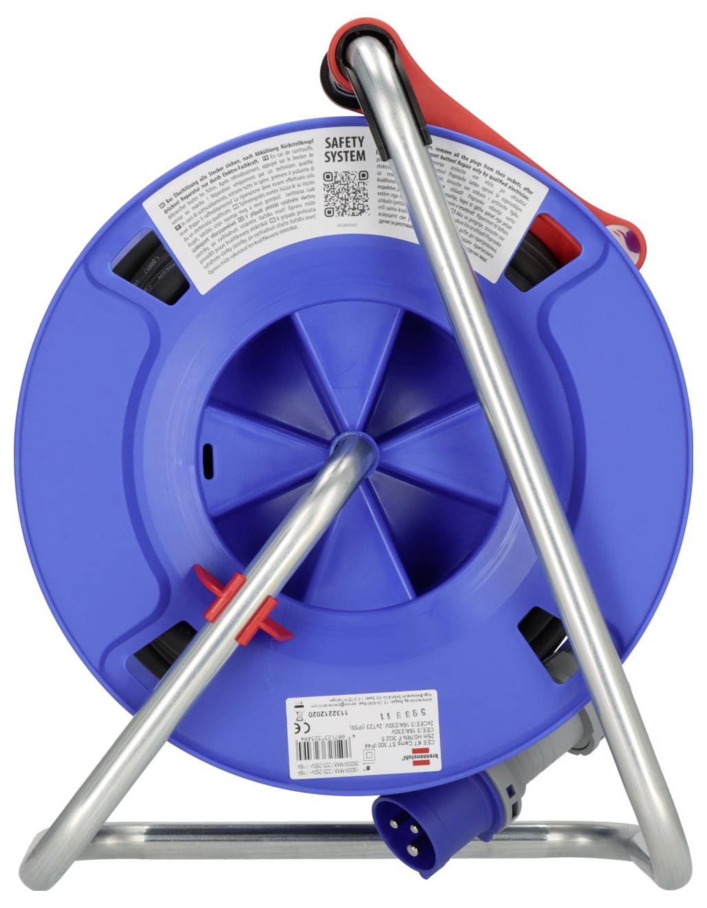 Bobine de câble bleu avec poignée rouge, cadre métallique et prise de courant ; étiquetée « SYSTÈME DE SÉCURITÉ » avec autocollant de produit sur le devant.