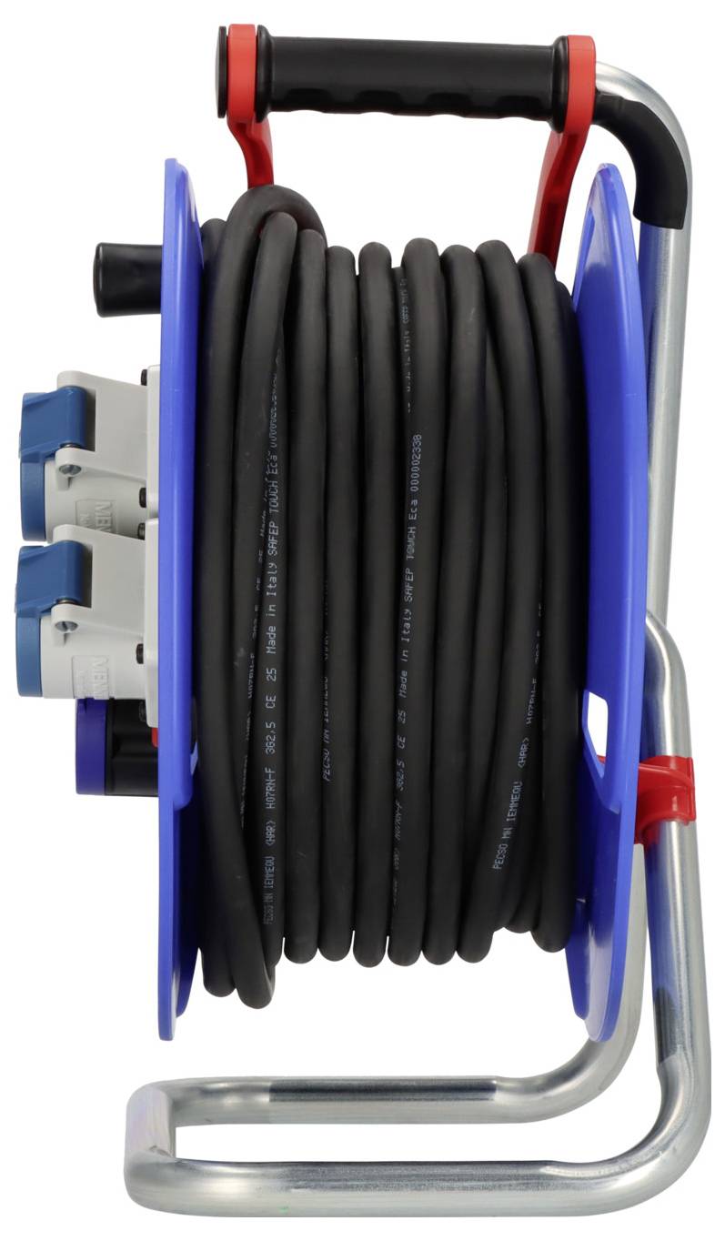 Enrouleur de câble portable avec un câble d'alimentation noir enroulé sur un cadre métallique bleu et une poignée.