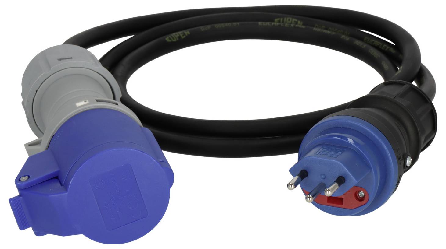 Câble d'alimentation électrique robuste bleu et noir avec connecteurs de prise industriels aux deux extrémités, présenté sur fond blanc.