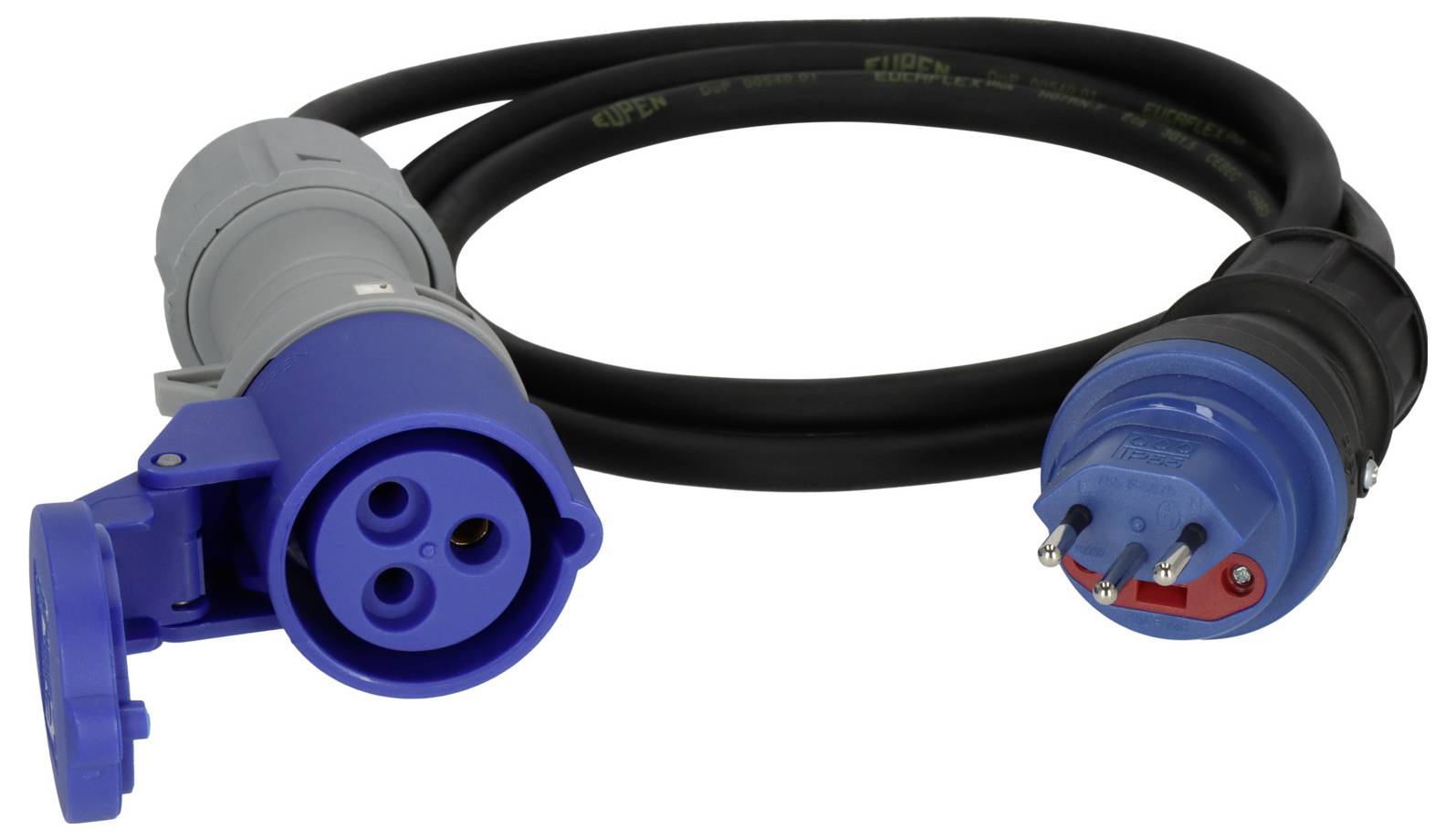 Câble électrique renforcé avec connecteurs d'alimentation industriels bleus à chaque extrémité, incluant une prise ronde et une fiche à trois broches.