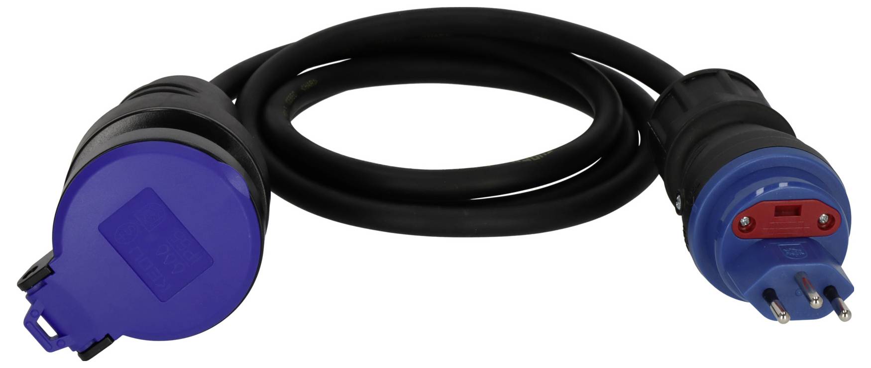 Câble d'extension électrique noir avec connecteurs bleus, présenté enroulé sur un fond blanc.
