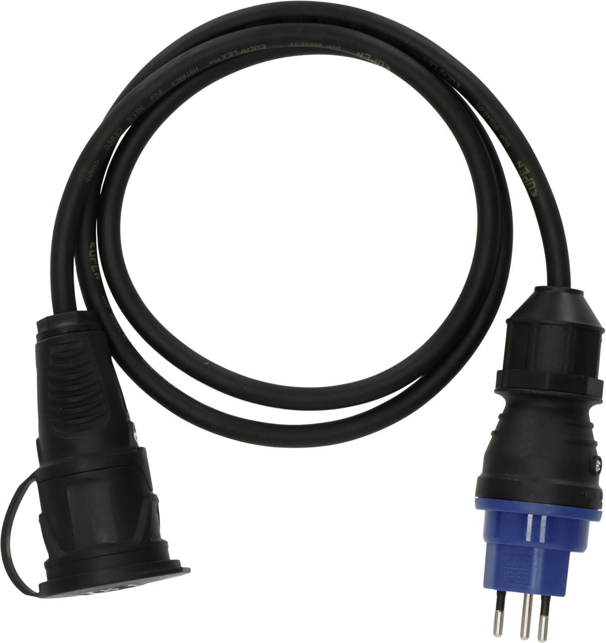 Câble d'alimentation électrique noir avec une fiche à trois broches bleue à une extrémité et un connecteur de prise noir à l'autre extrémité, enroulé sur un fond blanc.