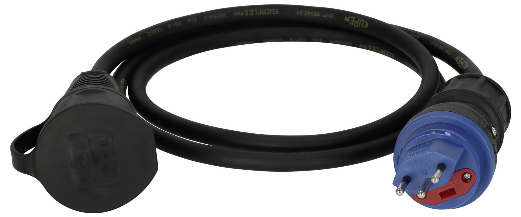 Câble d'alimentation électrique noir avec une fiche trois broches bleue à une extrémité et un capuchon de protection à l'autre extrémité.