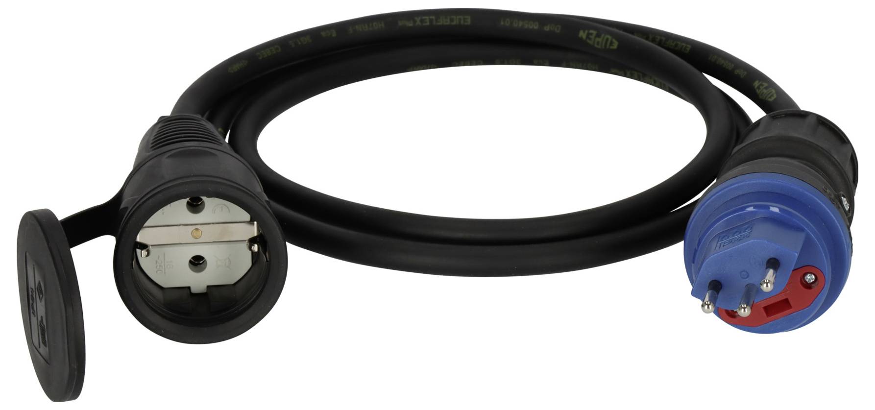 Câble d'alimentation noir avec un connecteur circulaire à une extrémité et une prise industrielle bleue et rouge à l'autre extrémité, présenté sur fond blanc.