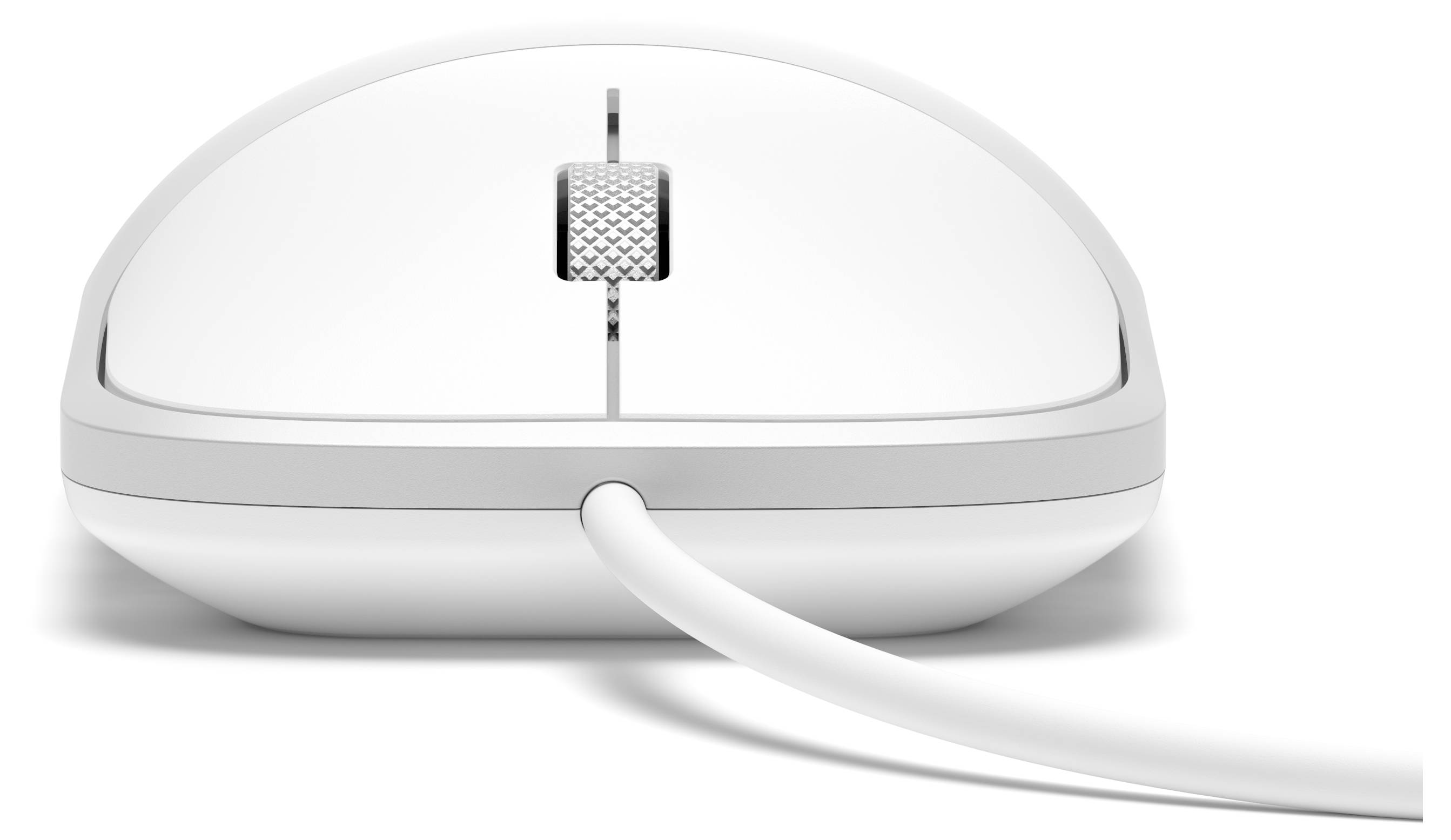 Souris d'ordinateur filaire blanche vue de dessus, avec une molette de défilement centrale et un cordon s'étendant vers la droite.