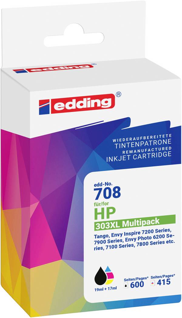 Edding Encre remplace HP 303XL Multipack 2 compatible  noir, cyan, magenta, jaune EDD-708 18-708