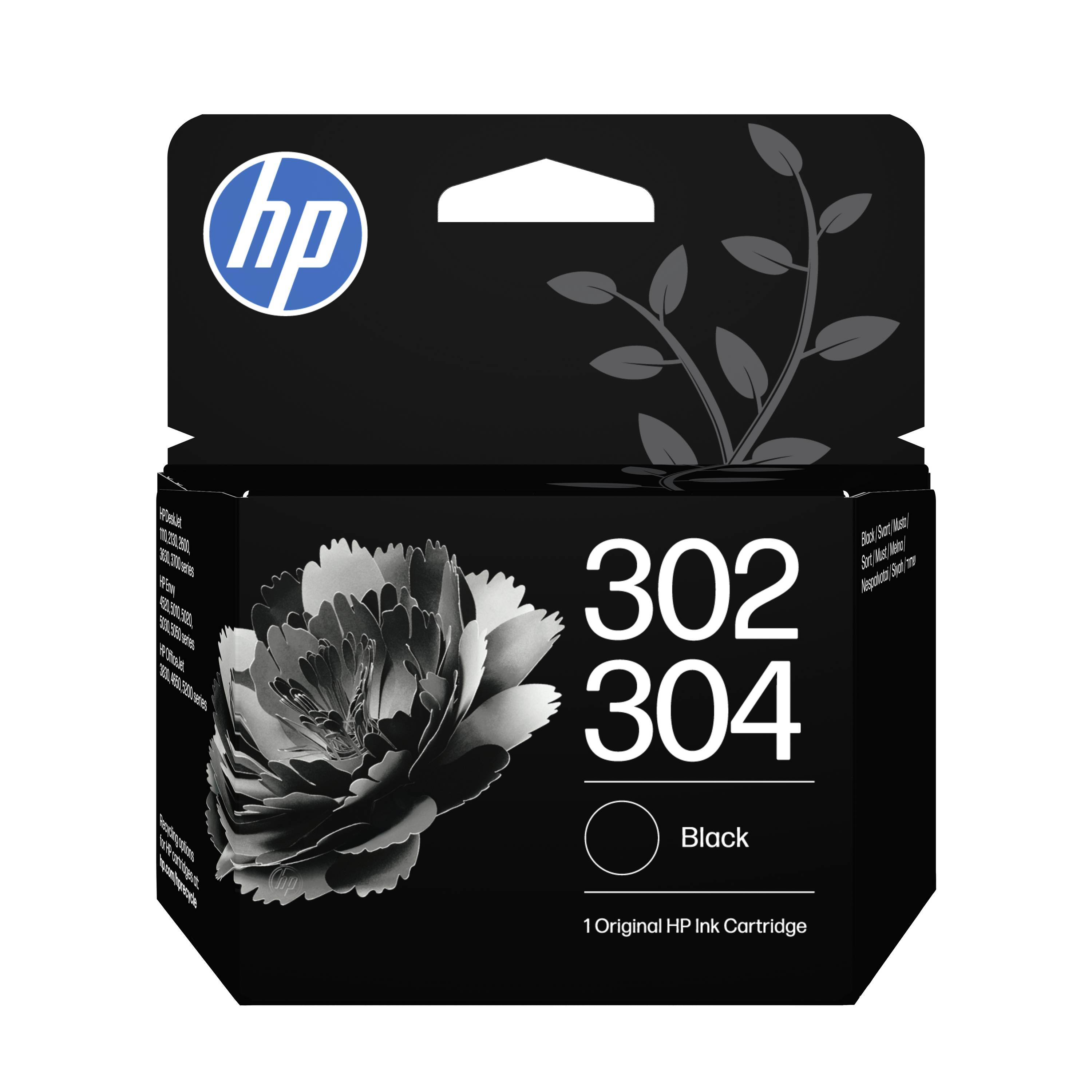 Emballage de cartouche d'encre HP Original pour 302 et 304 Noir, présenté dans une boîte noire avec le logo HP et un graphique floral.