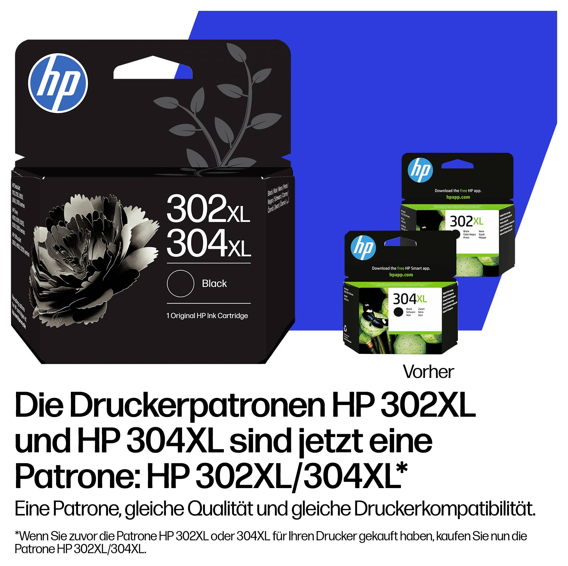 # Emballage de cartouche d'encre d'imprimante HP affichant une boîte de cartouche noire combinée HP 302XL/304XL et deux boîtes de cartouche plus petites, avec un texte en allemand annonçant qu'elles ne forment désormais qu'une seule cartouche.