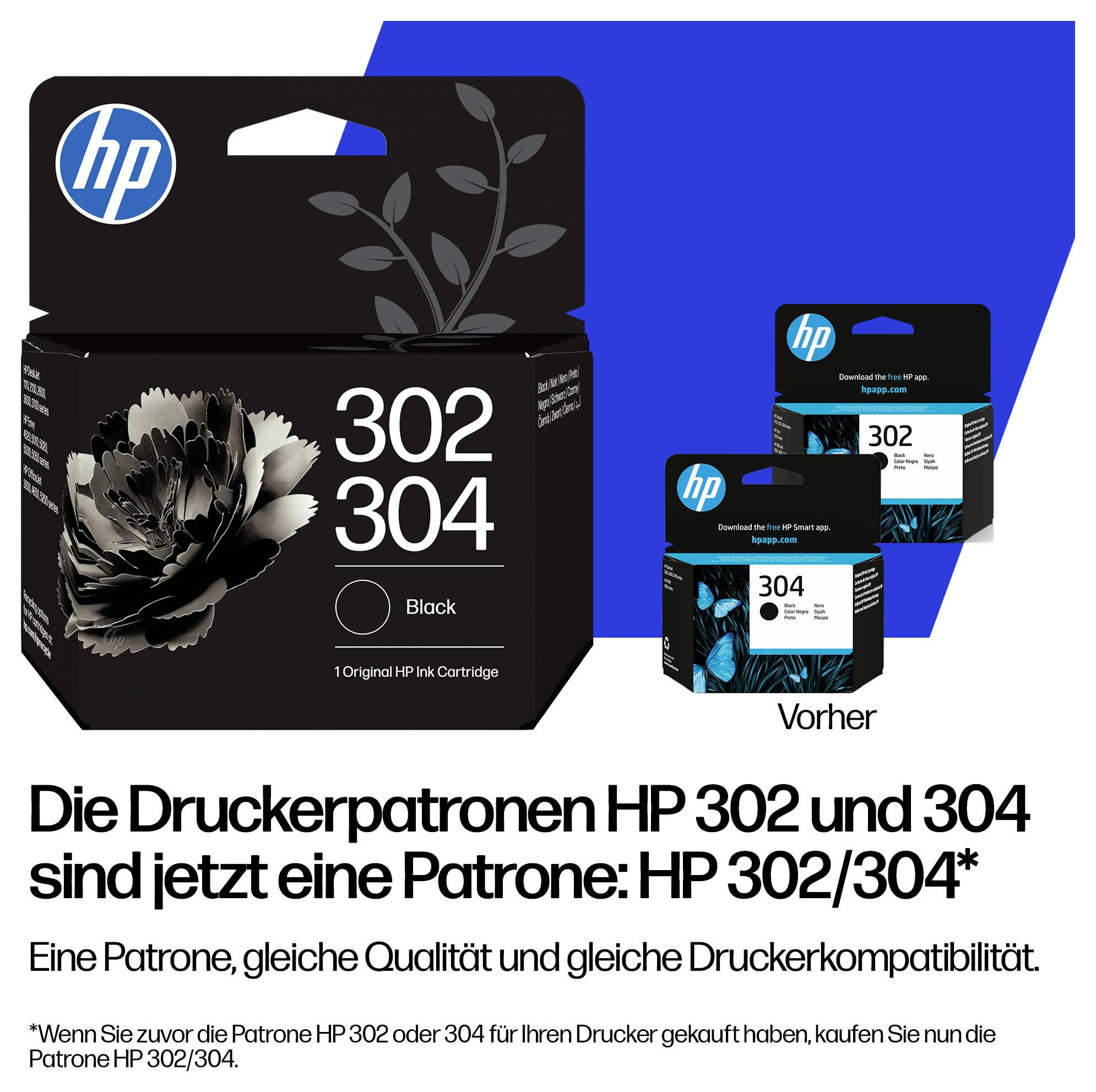 Emballage de cartouche d'encre HP présentant la cartouche noire HP 302/304 fusionnée et deux petits anciens packs 302 et 304, avec du texte en allemand annonçant qu'une seule cartouche convient désormais aux deux.