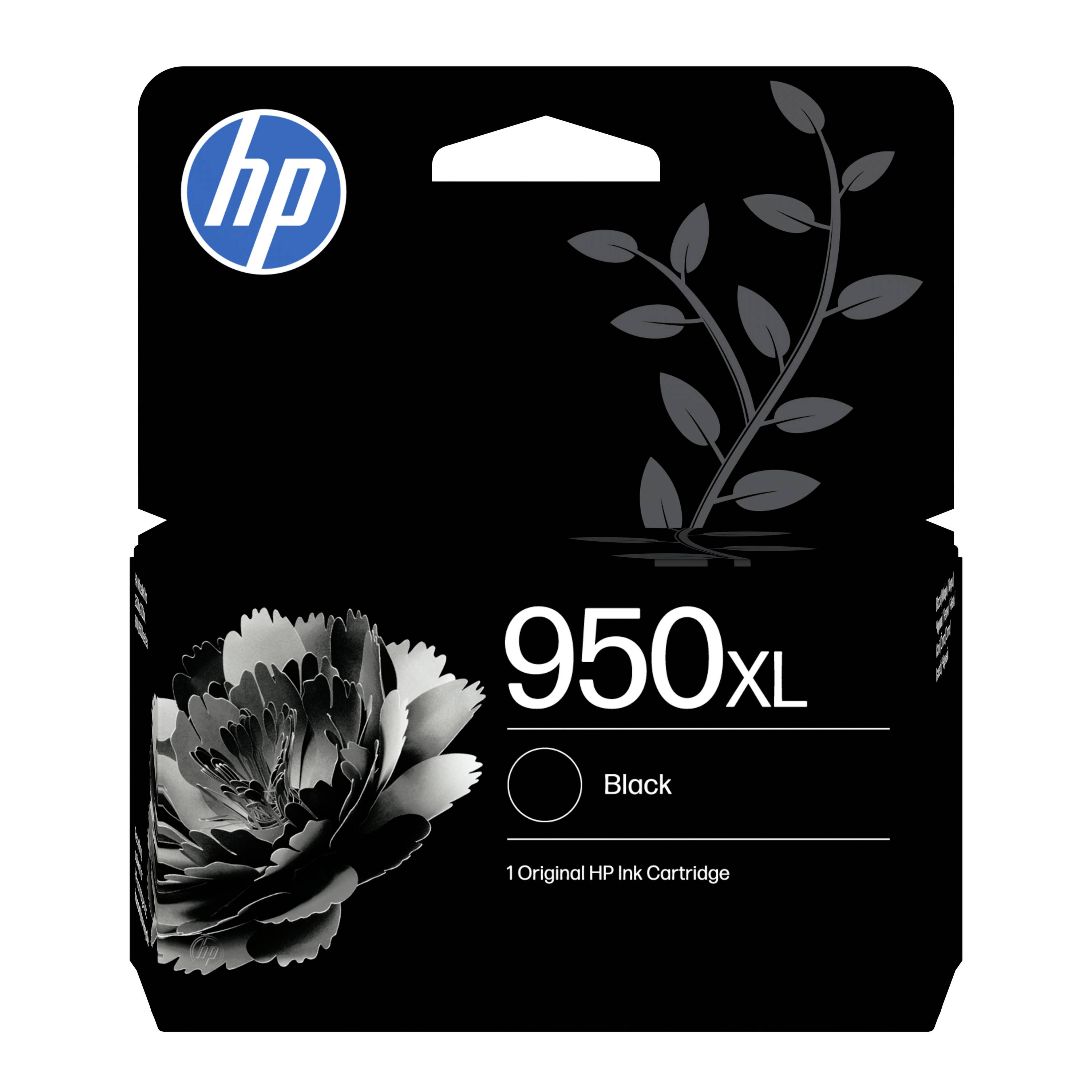 Cartouche d'encre HP 950XL noire avec emballage portant le logo HP et une image de fleur