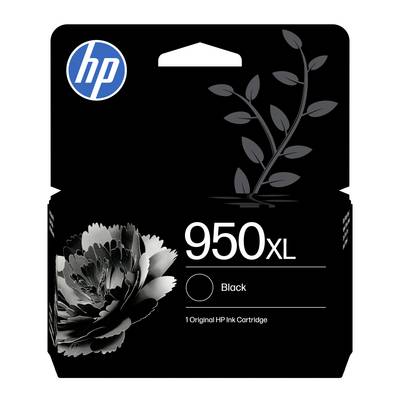 Cartouche d'encre HP 950XL noire avec emballage portant le logo HP et une image de fleur