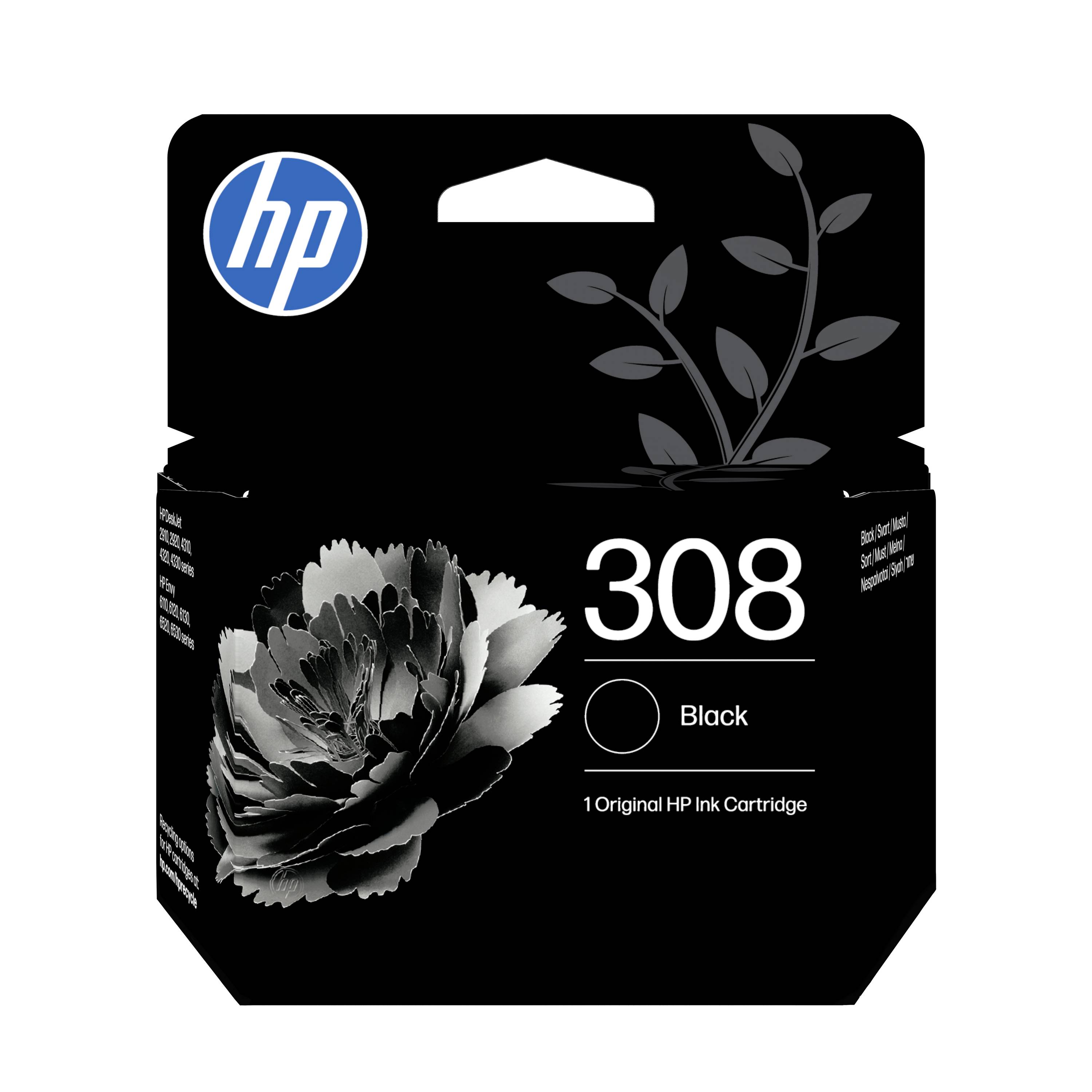 Cartouche d'encre noire HP 308 originale dans une boîte avec le logo HP et un motif floral sur un emballage noir.