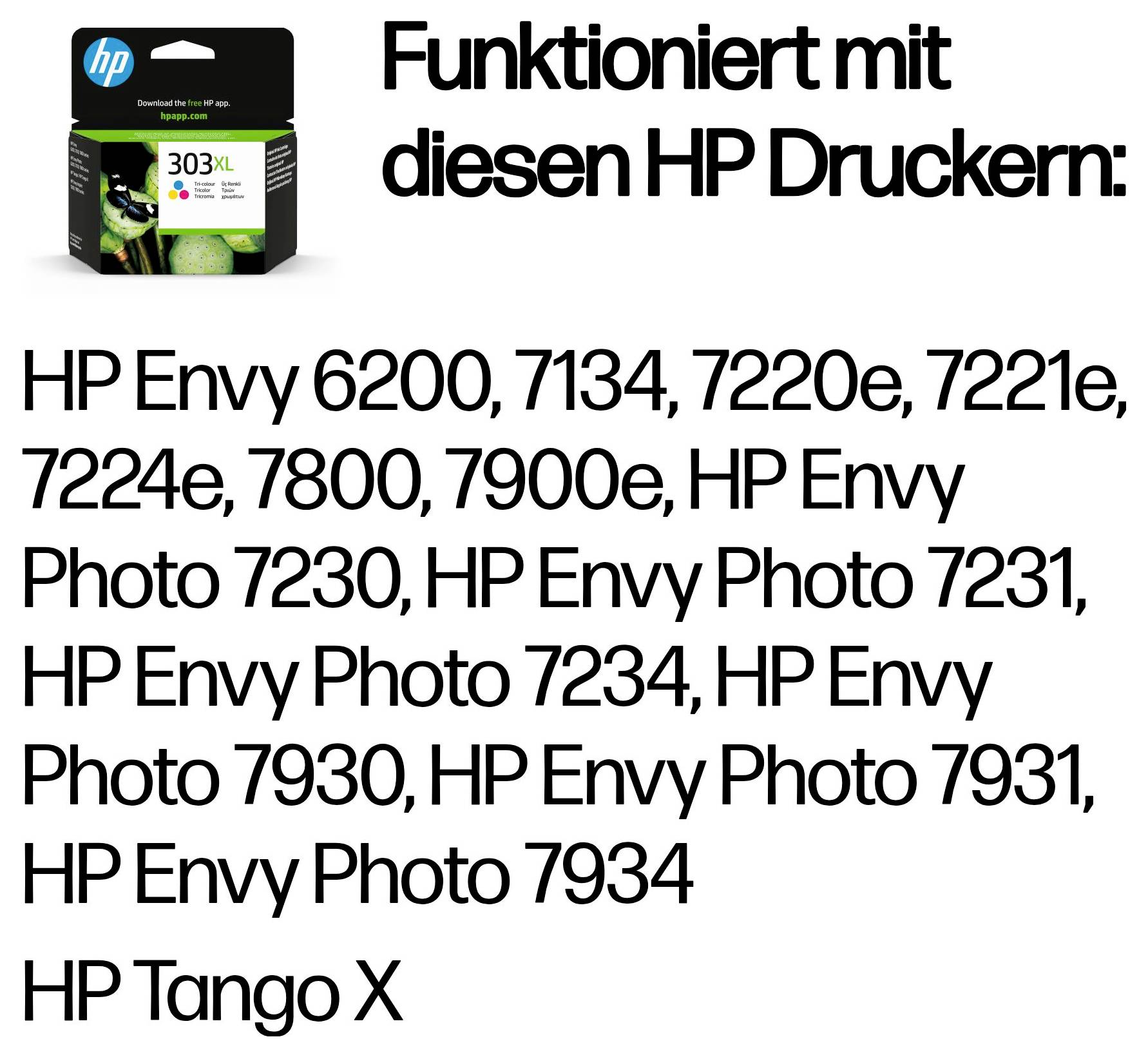 Cartouche d'encre HP 303XL affichée avec un texte énumérant les imprimantes compatibles : HP Envy 6200, 7134, 7220e, 7221e, 7224e, 7800, 7900e, modèles Envy Photo et HP Tango X.