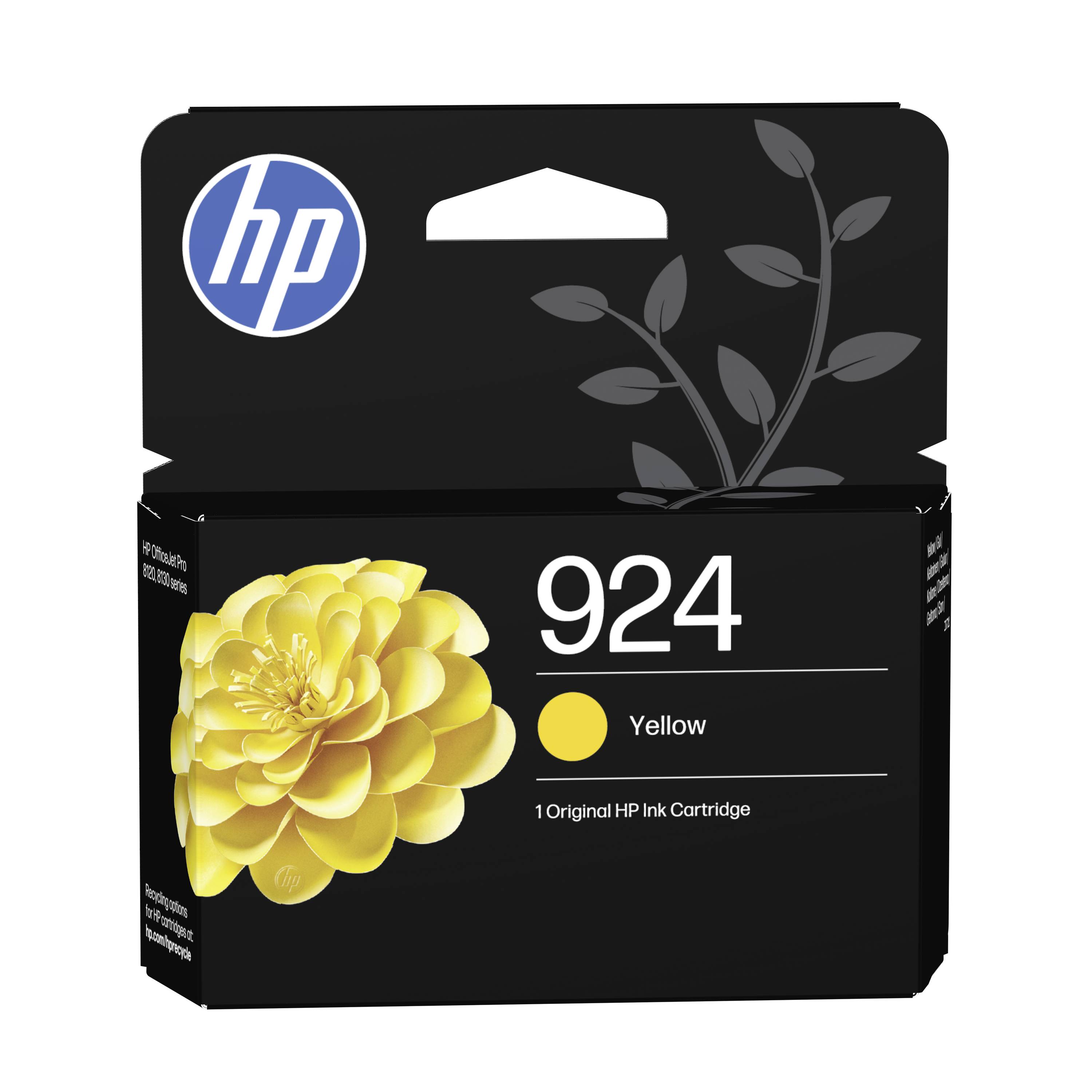 Boîte de cartouche d'encre jaune HP 924 avec logo HP et graphique de fleur sur emballage noir.
