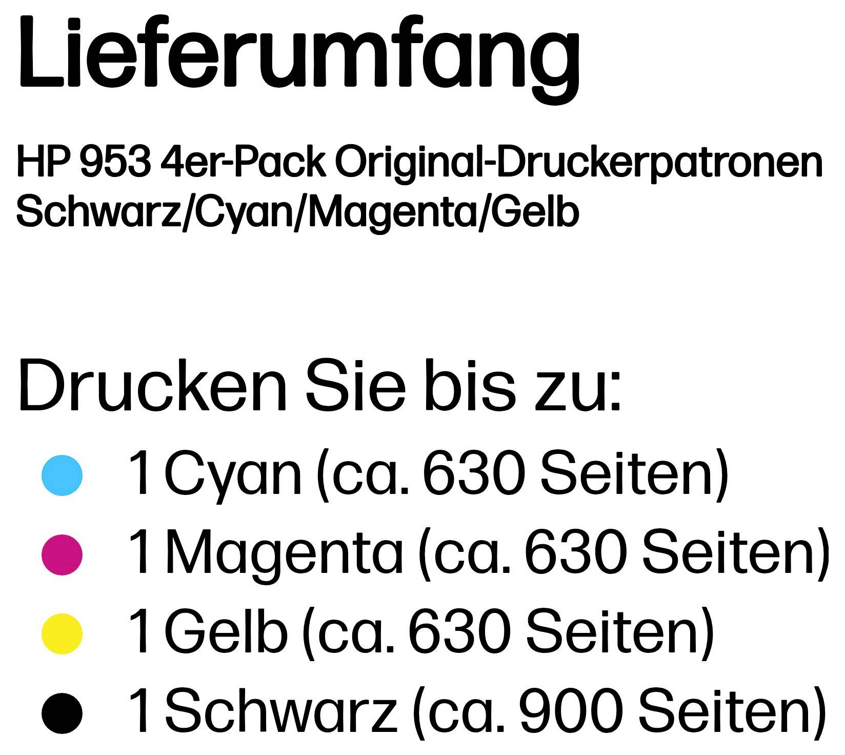 Cartouches d'encre originales HP 953 pack de 4 : 1 Cyan, 1 Magenta, 1 Jaune, 1 Noir ; rendement d'impression d'environ 630, 630, 630 et 900 pages.