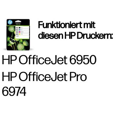 Cartouche d'encre HP compatible avec les imprimantes HP OfficeJet 6950 et HP OfficeJet Pro 6974 ; le texte allemand indique qu'elle « Fonctionne avec ces imprimantes HP ».