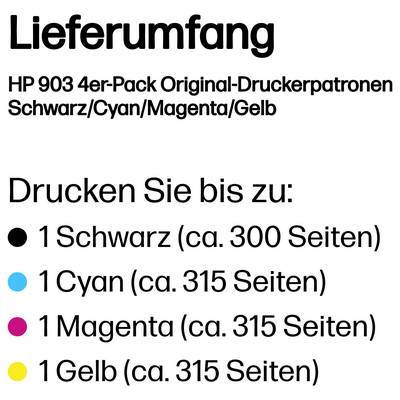 Cartouches d'encre originales HP 903 lot de 4 en noir, cyan, magenta et jaune ; rendement estimé : 300 pages en noir, 315 pages pour chaque couleur.