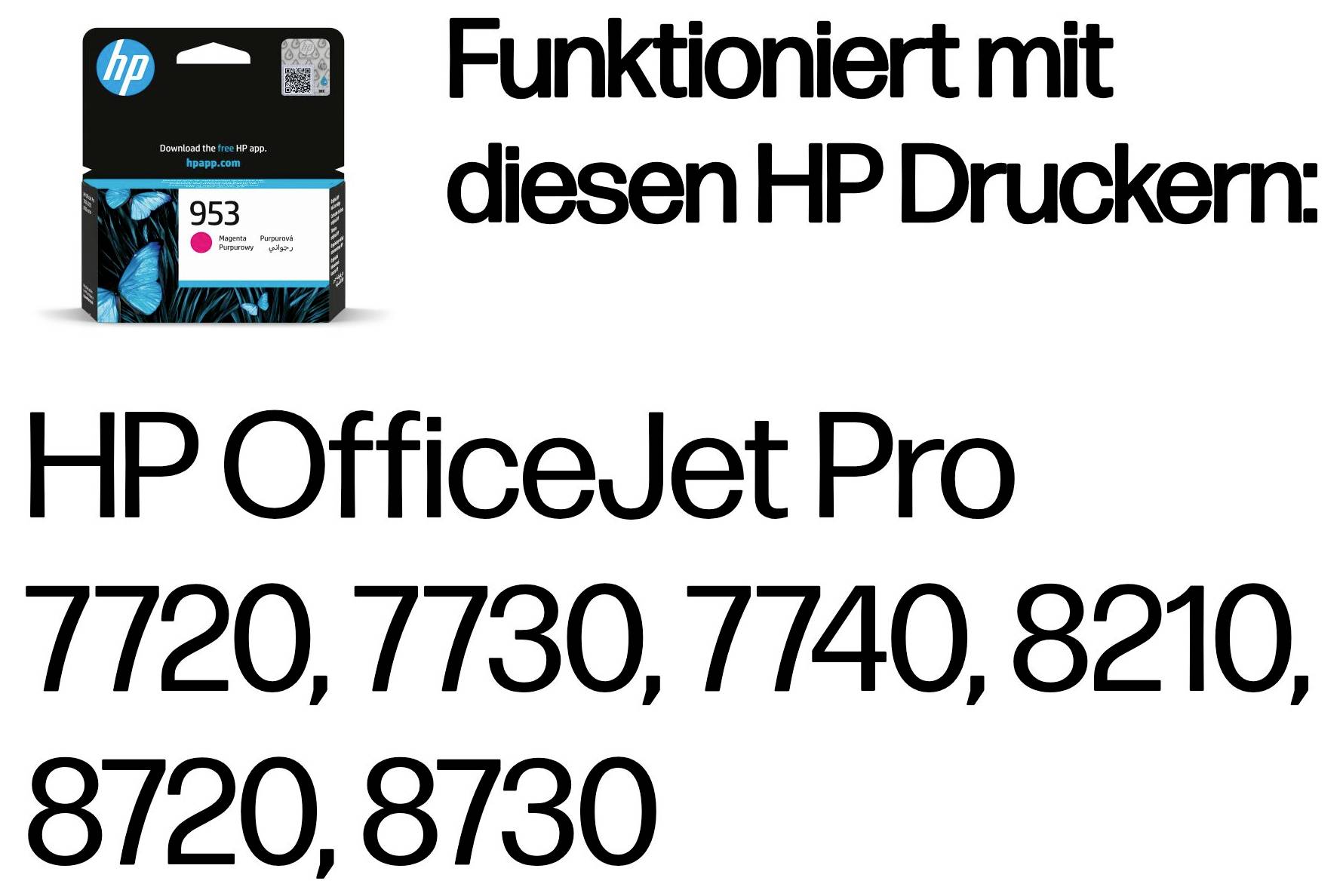 Cartouche d'encre magenta HP 953 illustrée avec un texte indiquant qu'elle fonctionne avec les imprimantes HP OfficeJet Pro 7720, 7730, 7740, 8210, 8720, 8730.