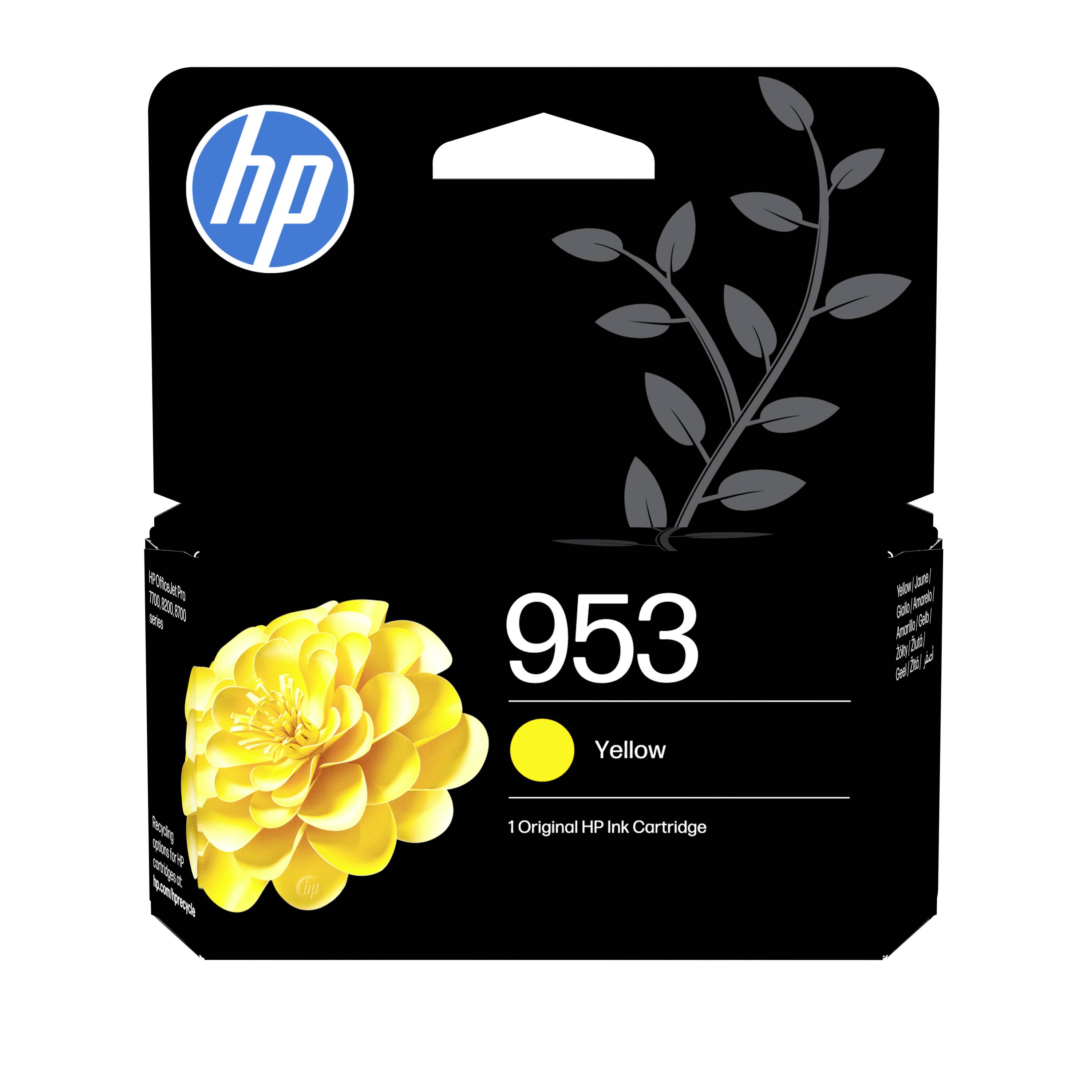 Cartouche d'encre HP 953 jaune avec une image de fleur jaune et logo HP sur un emballage noir.
