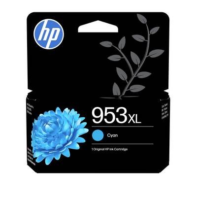 Boîte de cartouche d'encre HP 953XL cyan avec un graphique de fleur bleue et le logo HP sur un emballage noir.