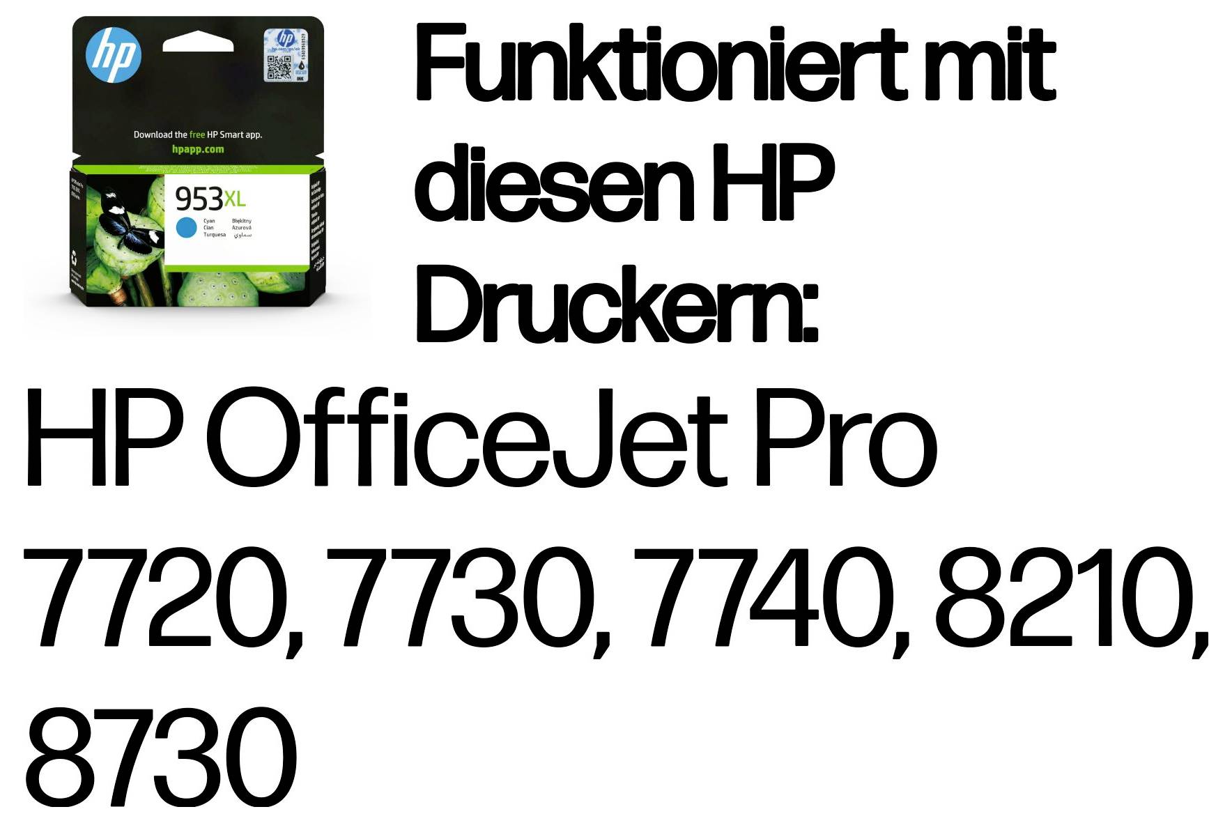 La cartouche d'encre HP 953XL est présentée avec un texte indiquant qu'elle fonctionne avec les imprimantes HP OfficeJet Pro : 7720, 7730, 7740, 8210, 8730.