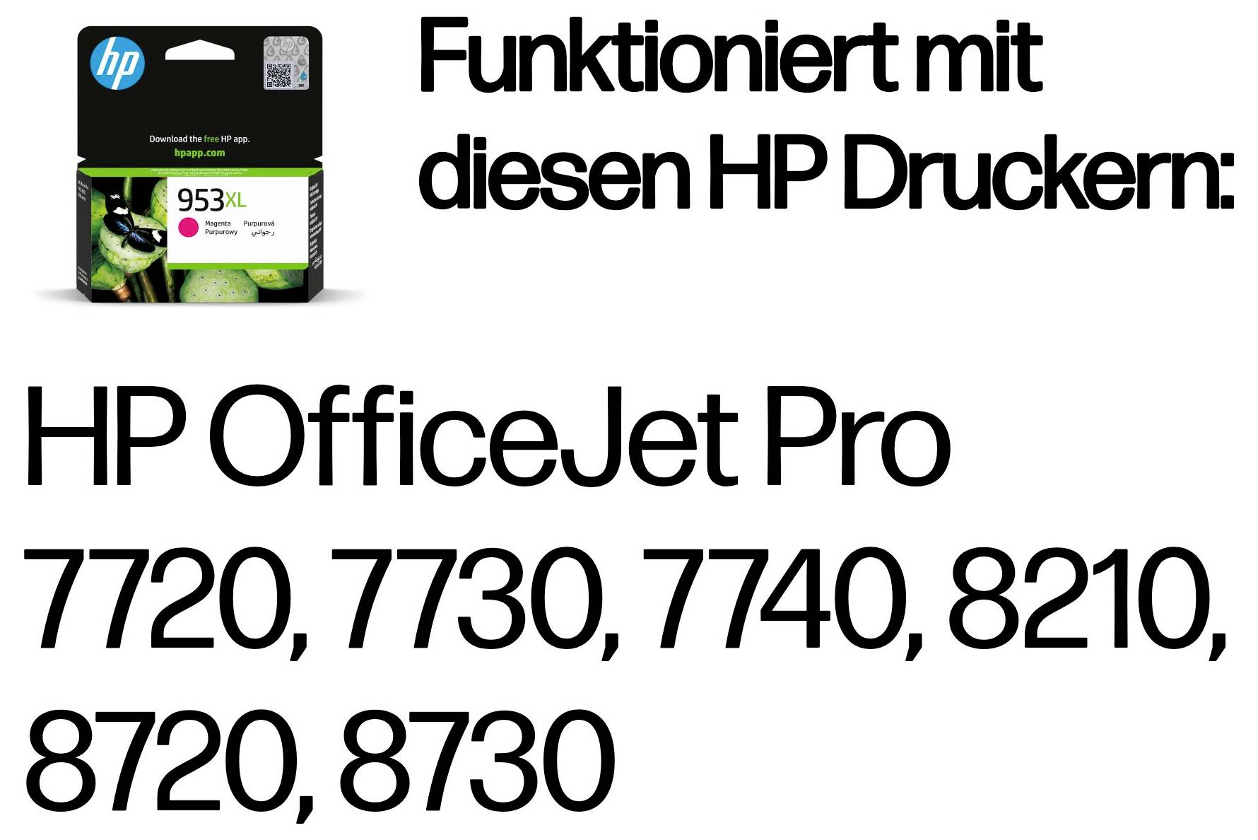 Cartouche d'encre HP 953XL affichée avec le texte « Fonctionne avec ces imprimantes HP : » et modèles compatibles : HP OfficeJet Pro 7720, 7730, 7740, 8210, 8720, 8730.