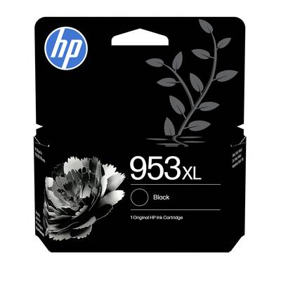 Cartouche d'encre noire HP 953XL d'origine avec le logo HP bleu et un motif floral sur un emballage noir.
