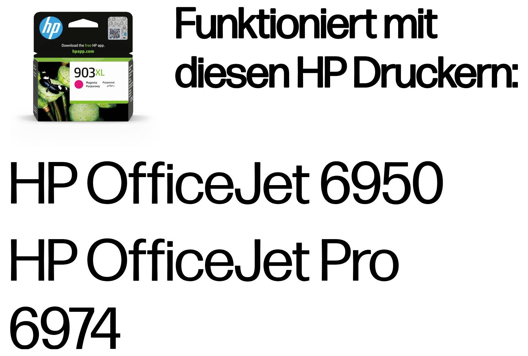Cartouche d'encre HP compatible avec les imprimantes « HP OfficeJet 6950 » et « HP OfficeJet Pro 6974 ».