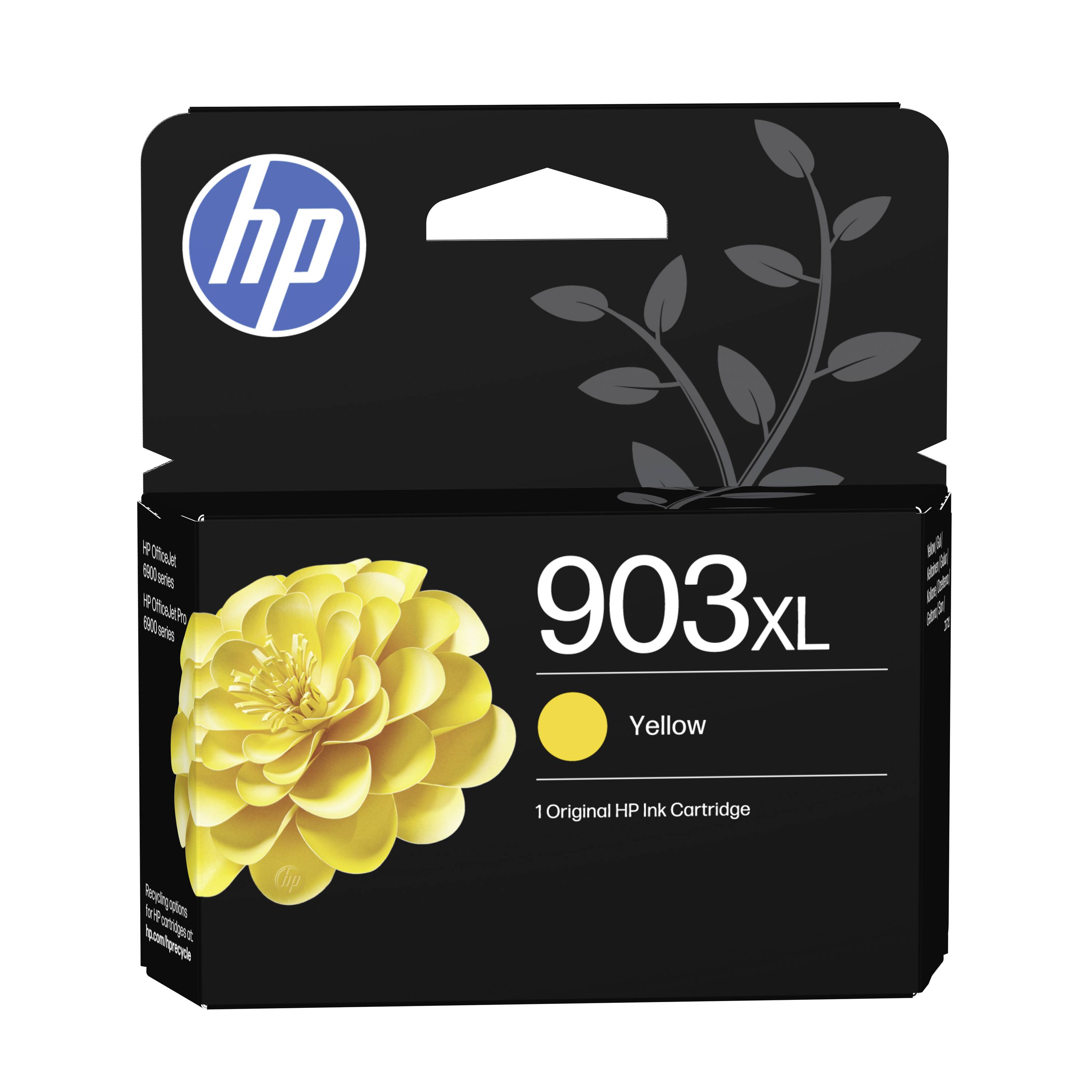 Cartouche d'encre jaune HP 903XL d'origine avec logo HP et graphique de fleur sur une boîte noire.