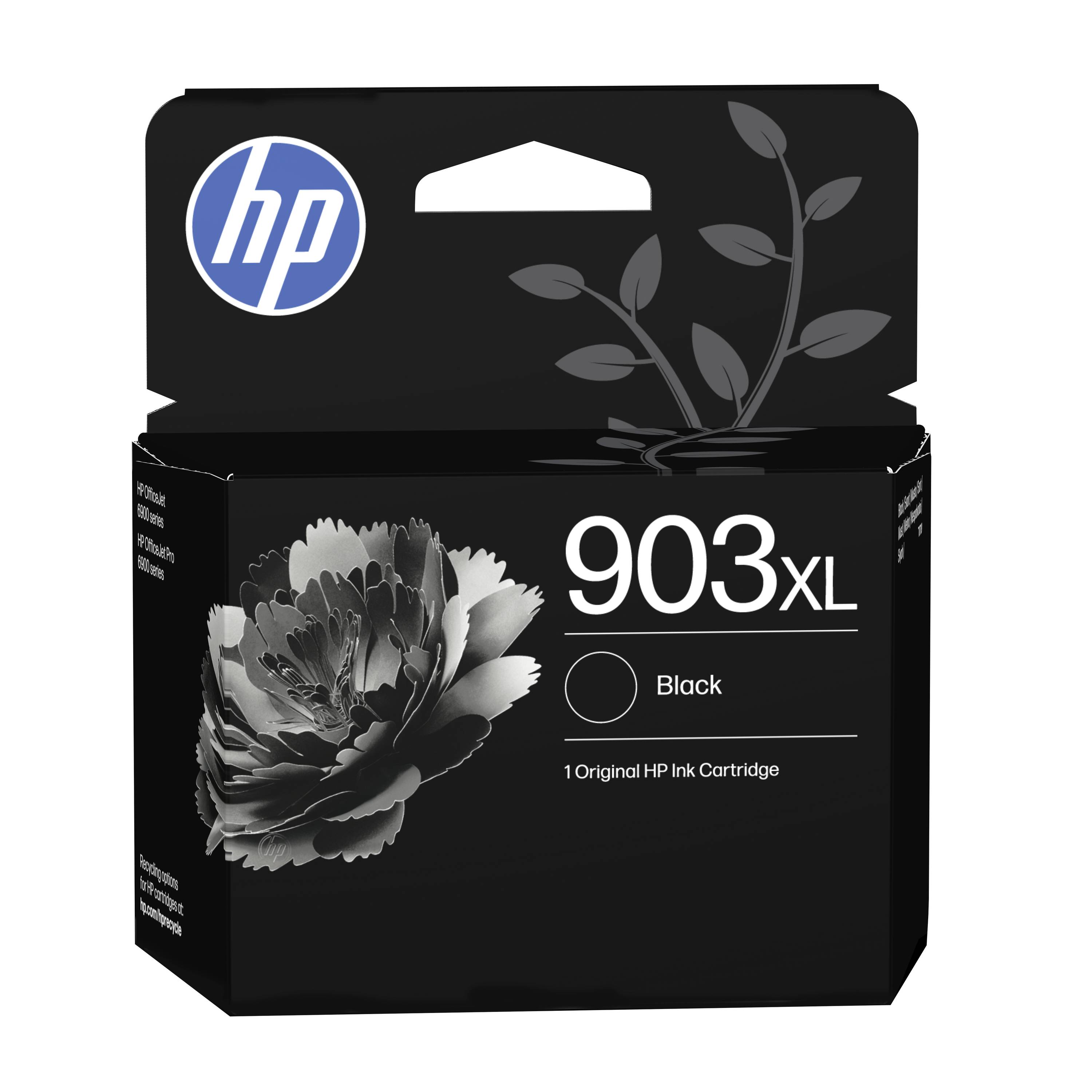 Boîte de cartouche d'encre noire HP 903XL avec le logo HP et un graphique de fleur, étiquetée « Noir » et « 1 cartouche d'encre HP d'origine ».