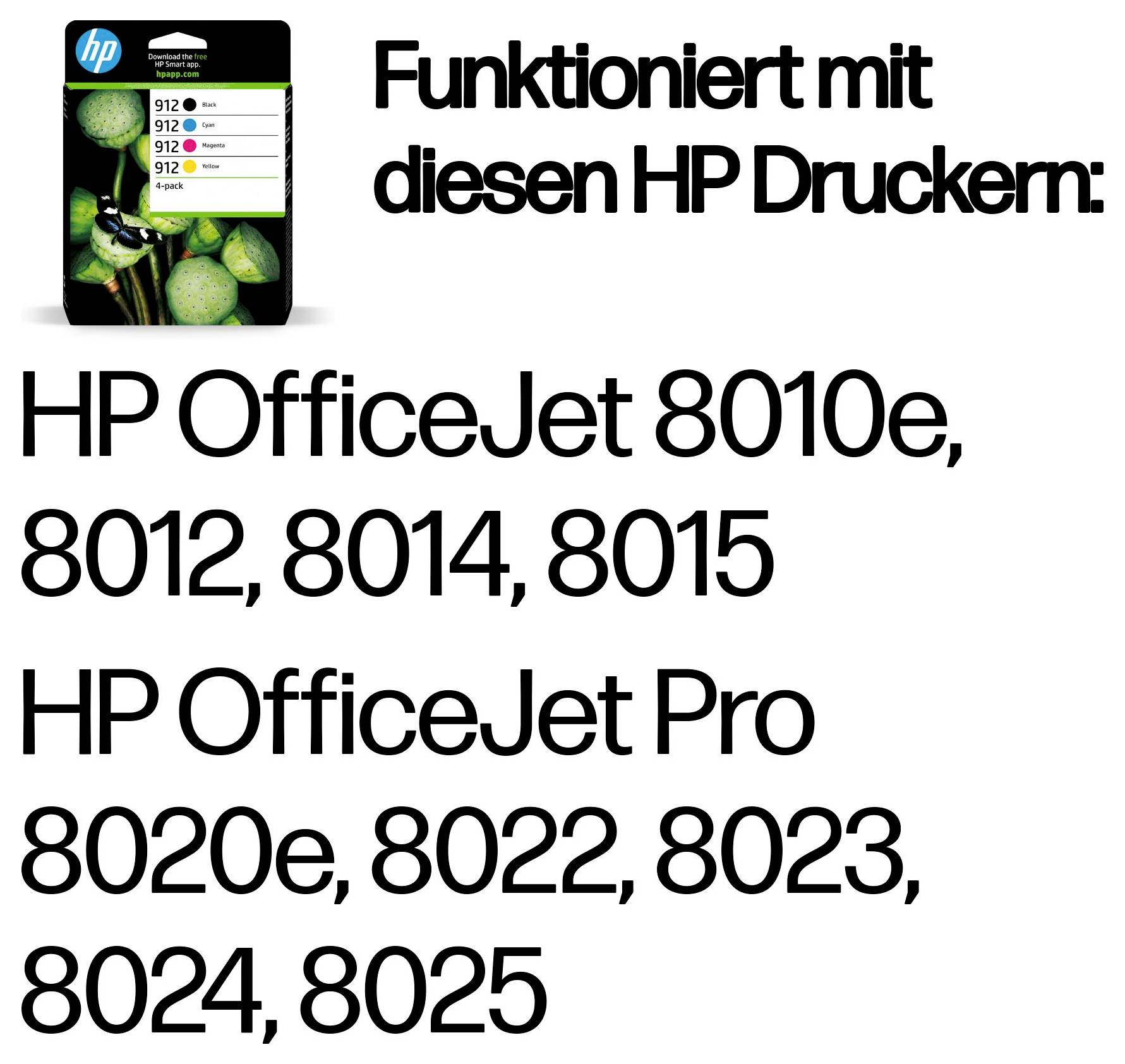 Cartouche d'encre HP étiquetée « Fonctionne avec ces imprimantes HP : » et modèles compatibles : OfficeJet 8010e, 8012, 8014, 8015, Pro 8020e, 8022, 8023, 8024, 8025.