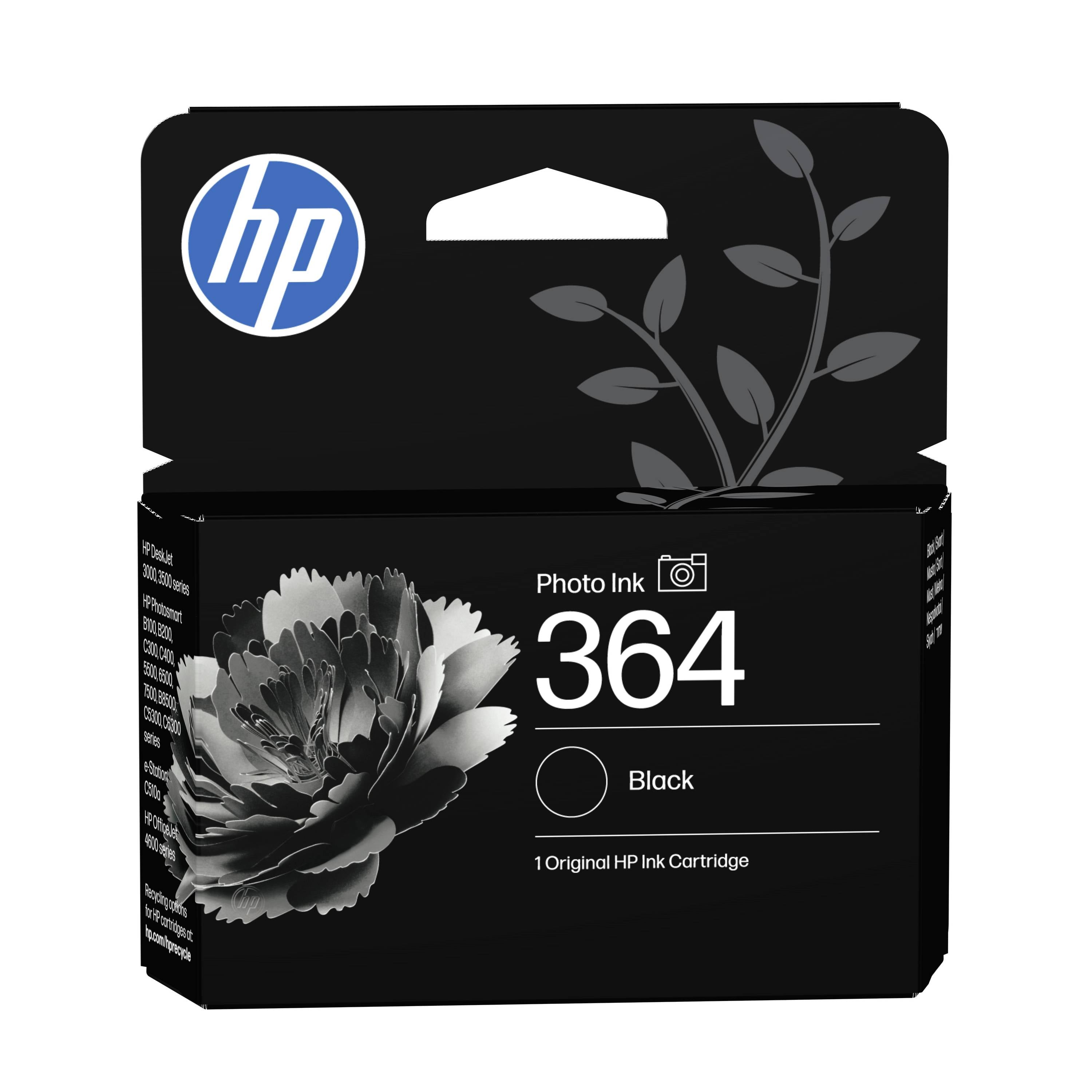 Boîte de cartouche d'encre photo noire HP 364 avec un graphique floral et l'étiquetage « Photo Ink 364 Black ».