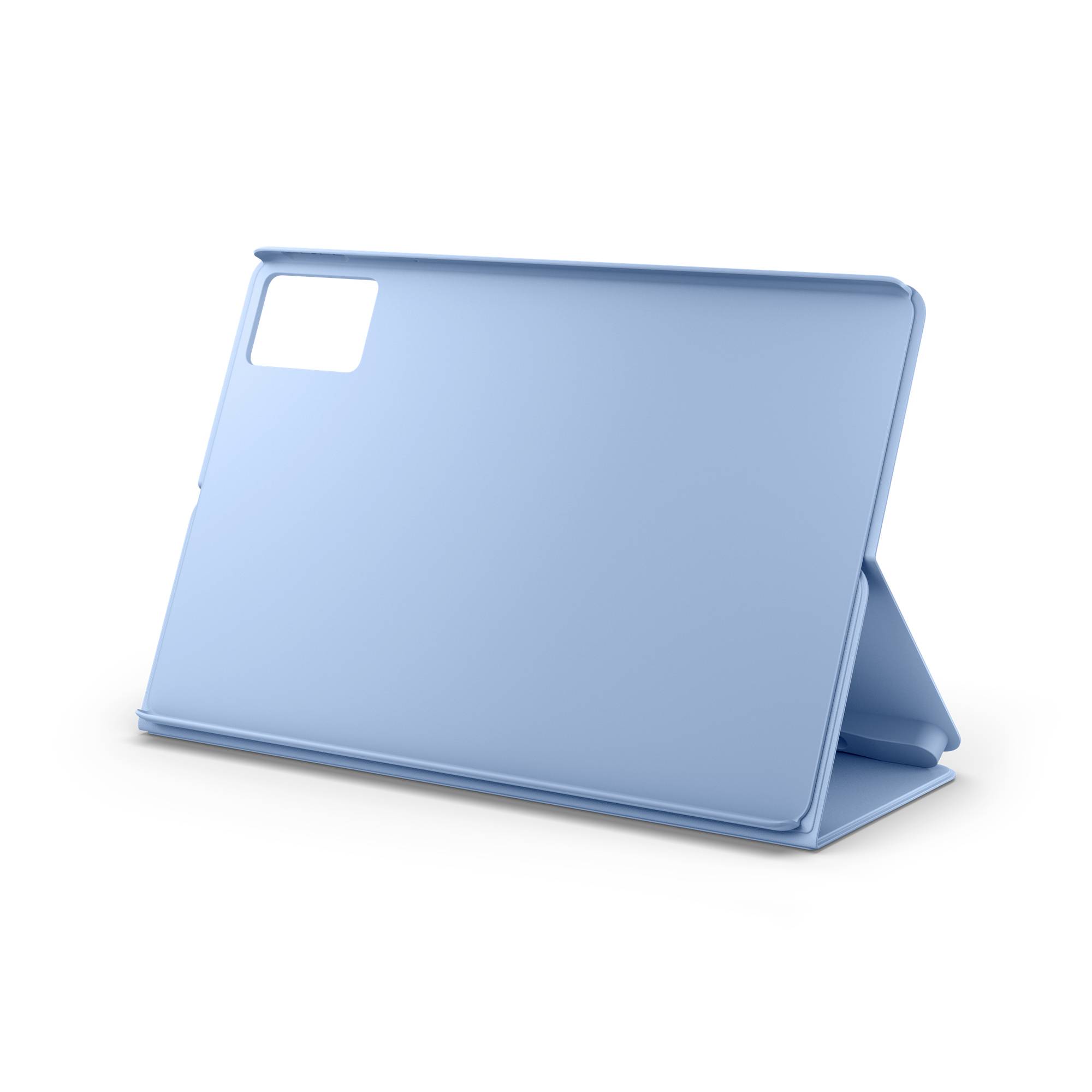 Étui de protection pour tablette bleu clair avec découpe pour l'appareil photo, présenté en mode support sur un fond blanc.