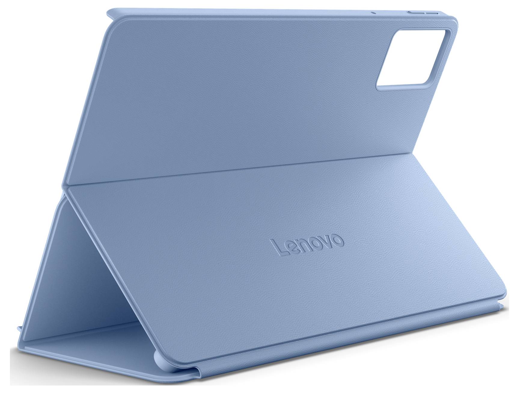 Étui folio pour tablette Lenovo bleu replié en support, avec découpe pour appareil photo arrière.
