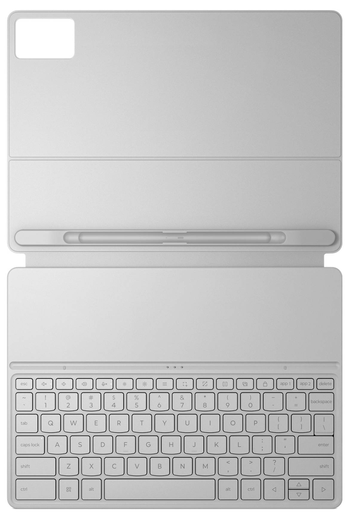 Vue de face d'un ordinateur portable argenté avec le clavier visible et le couvercle fermé, présenté dans une illustration de style produit simple.