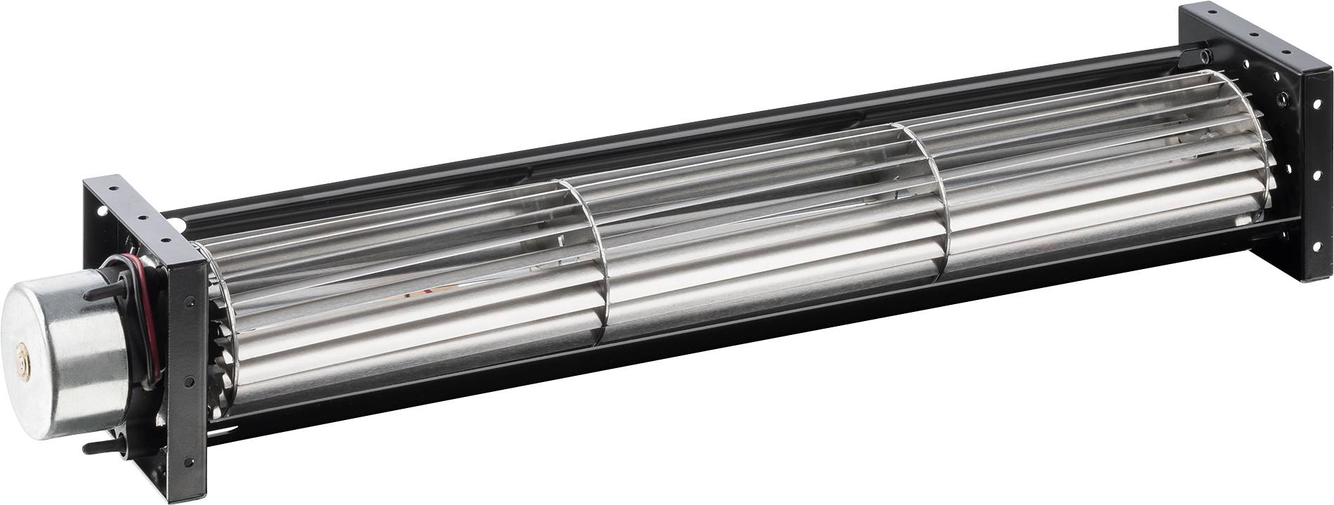 Ensemble de ventilateur axial cylindrique long avec des pales en métal à l'intérieur d'un cadre de montage noir et un boîtier moteur à une extrémité.
