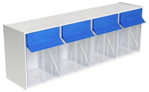 Unité de rangement en plastique transparent avec quatre compartiments coulissants et couvercles bleu basculants sur un cadre blanc.