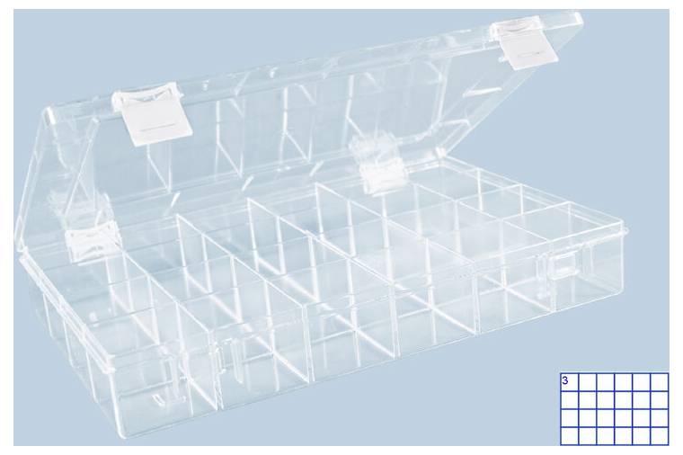 Organisateur de rangement en plastique transparent avec compartiments divisés et couvercle à charnière, présenté sur un fond bleu clair avec une petite grille en médaillon dans le coin inférieur droit.