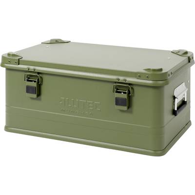 Coffre de stockage ALUTEC Munchen vert olive avec fermoirs et poignées latérales, montré fermé sur un fond blanc.