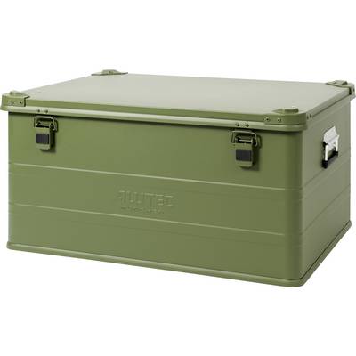 Coffre de rangement en métal vert olive avec couvercle et fermoirs latéraux, présenté sur fond blanc.